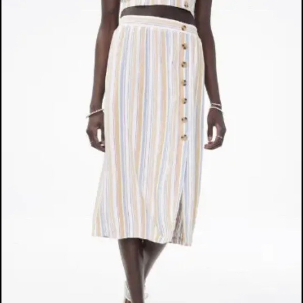 Aeropostale Stripe Side Button Front Linen Blend Midi Skirt